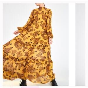 FARM RIO Caramel Banana Dress size small boho long sleeve ruffles maxi mock neck